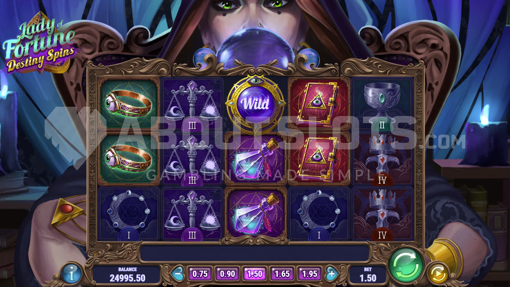 Grille de jeu 5x3 de Lady of Fortune Destiny Spins avec la cartomancienne et les symboles ésotériques