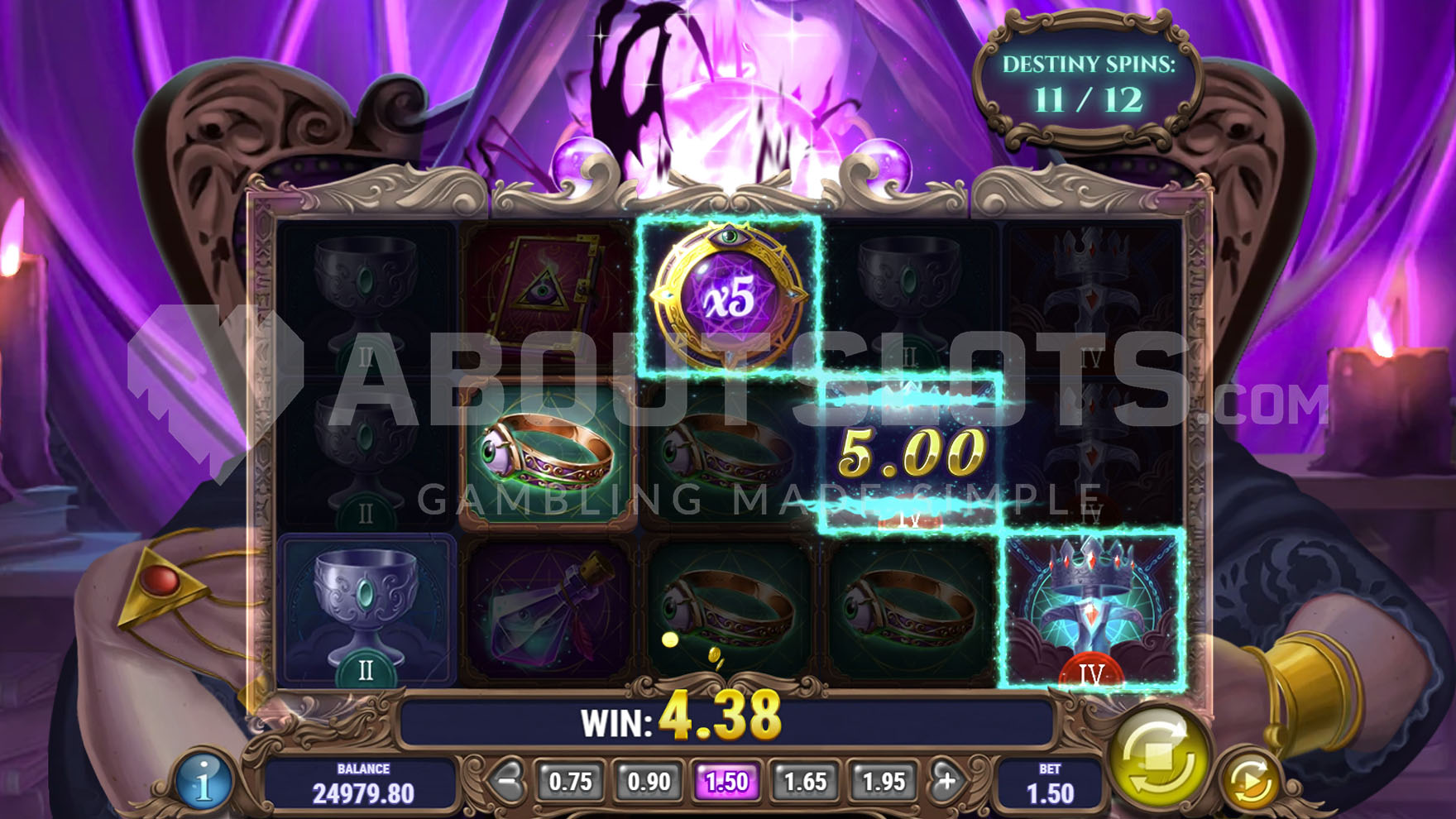 Écran des Destiny Spins sur Lady of Fortune Destiny Spins avec un wild multiplicateur x5 sur le rouleau central