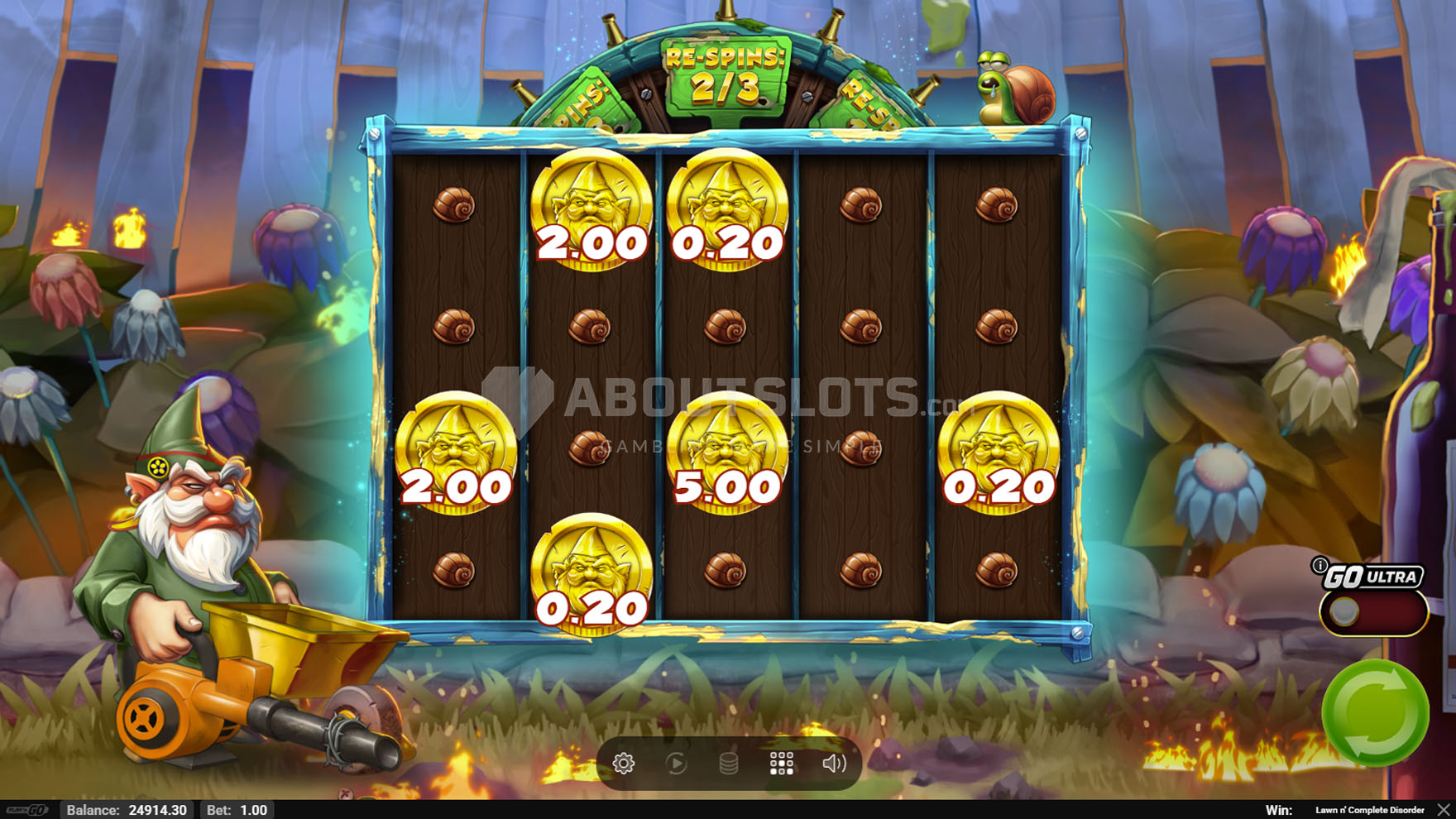 Écran Hold and Spin de Lawn N’ Complete Disorder avec les pièces verrouillées et le compteur de respins