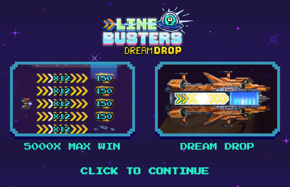 Écran d'accueil de Line Busters Dream Drop avec la borne d'arcade et son décor pixellisé