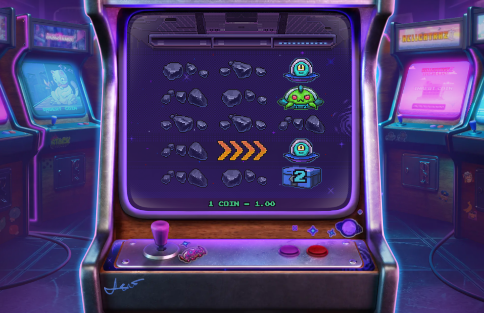 Grille de jeu de Line Busters Dream Drop avec les flèches multiplicatrices sur les rouleaux 1 et 2