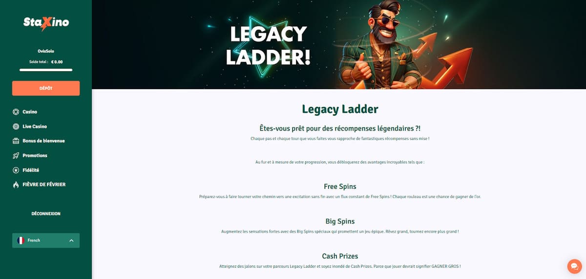 Interface du programme VIP Legacy Ladder de StaXino Casino avec les paliers de fidélité