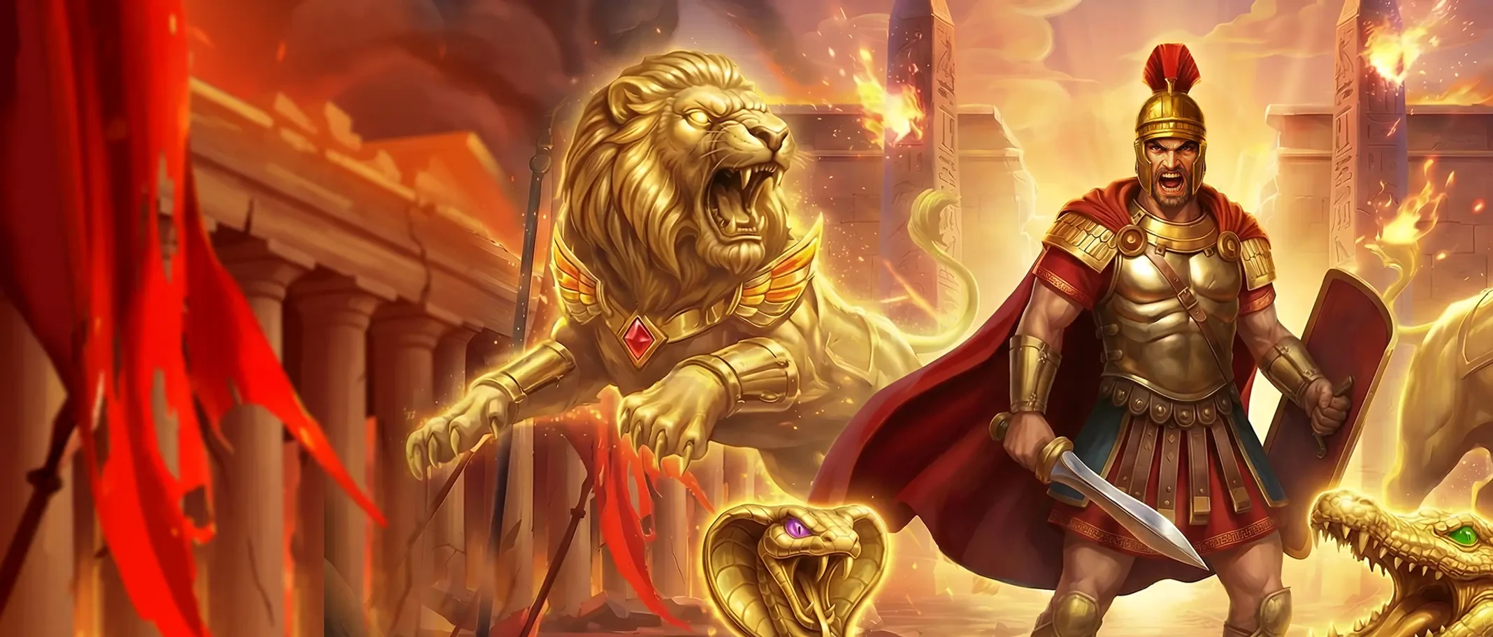 Artwork promotionnel de Legion Gold and the Throne of Dead mêlant légionnaires romains et ruines égyptiennes