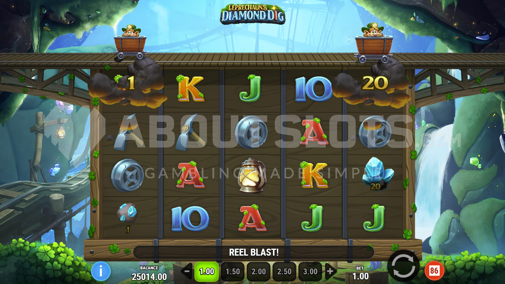 Reel Blast en action sur Leprechaun's Diamond Dig avec diamants et wagonnets remplis pendant l'explosion