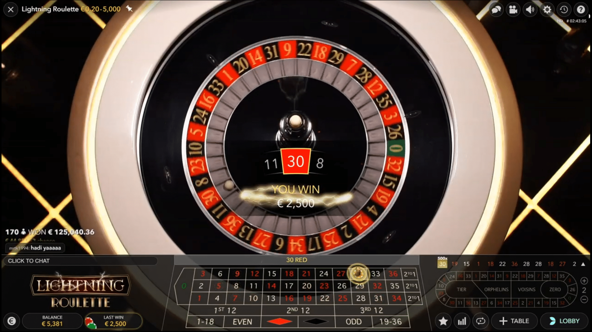Table de Lightning Roulette avec plusieurs numéros chanceux frappés par la foudre et multiplicateurs affichés
