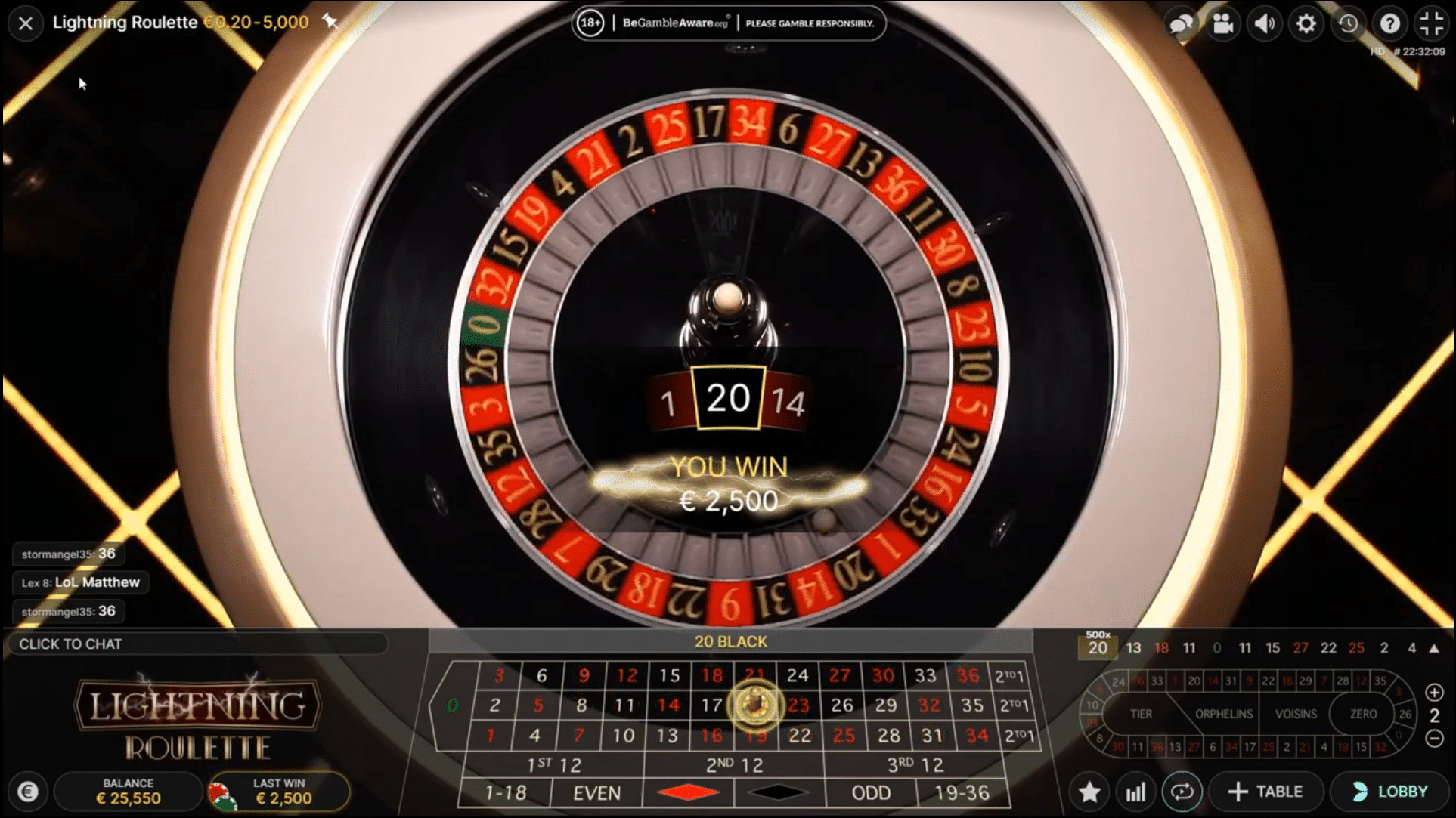 Écran de résultat de Lightning Roulette montrant un multiplicateur record sur un numéro en plein