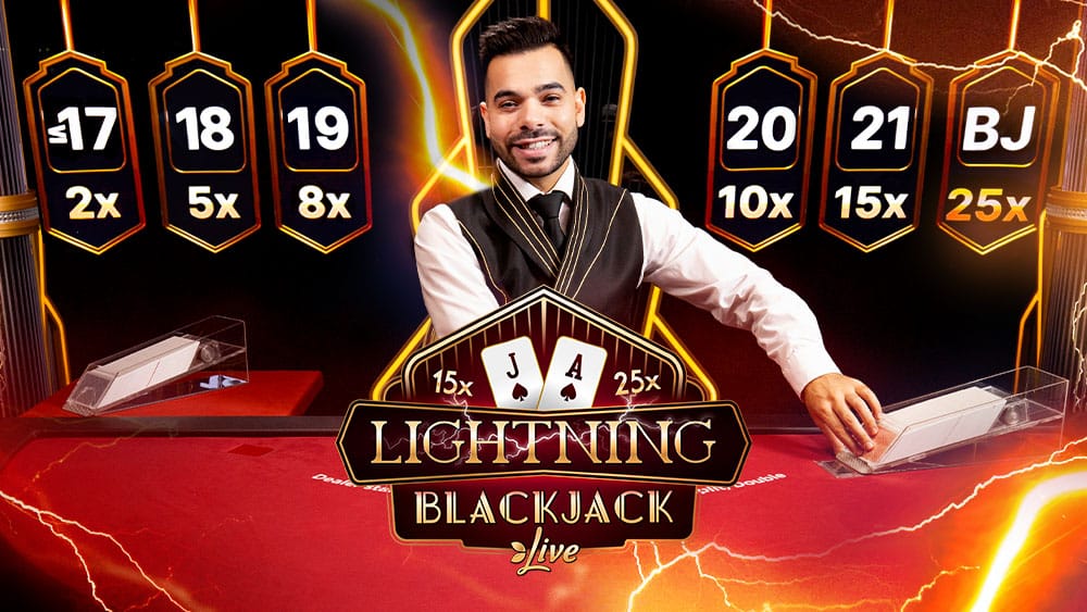 Table de Lightning Blackjack d'Evolution Gaming avec cartes électrifiées et multiplicateurs affichés