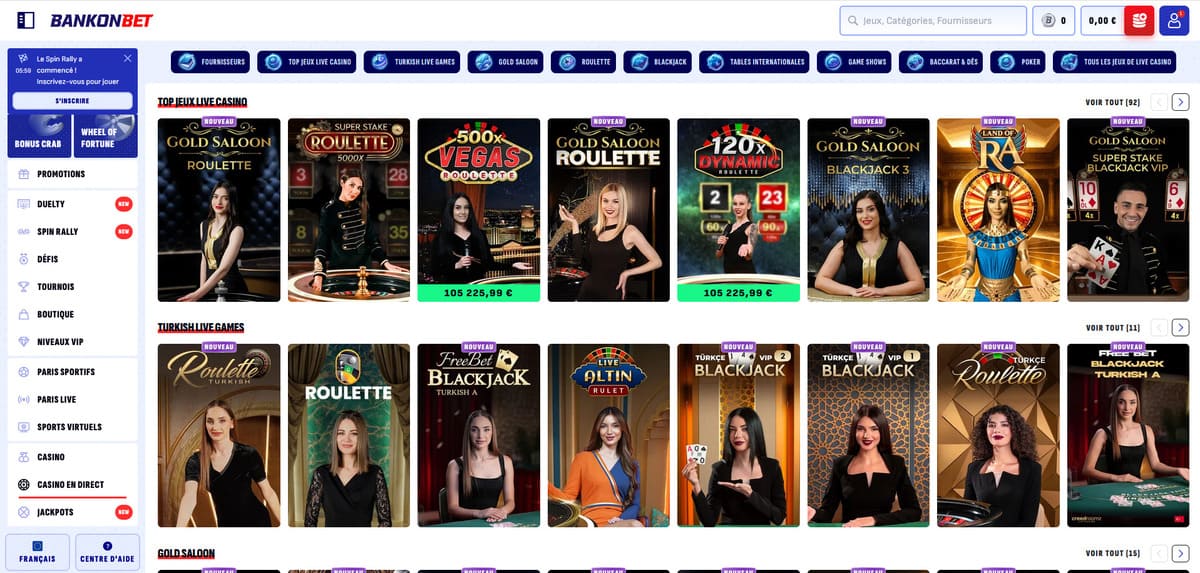 Interface du casino en direct de Bankonbet avec les tables de roulette et blackjack live
