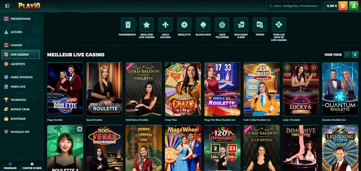 Sélection des tables de casino en direct sur Playio avec les studios Evolution et Pragmatic Play Live