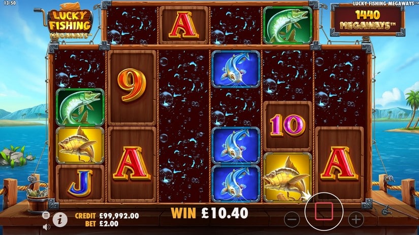 Cascade en cours sur Lucky Fishing Megaways avec un gain de 10,40 £ et 1440 Megaways affichés