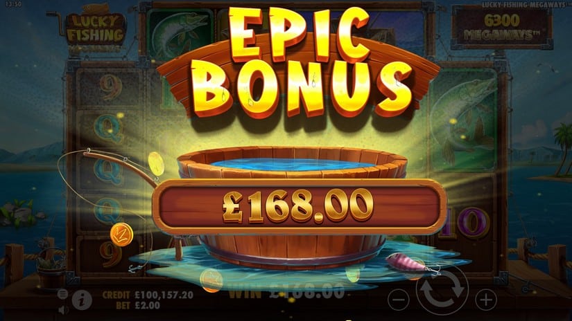 Écran Epic Bonus de Lucky Fishing Megaways affichant un gain de free spins de 168 £