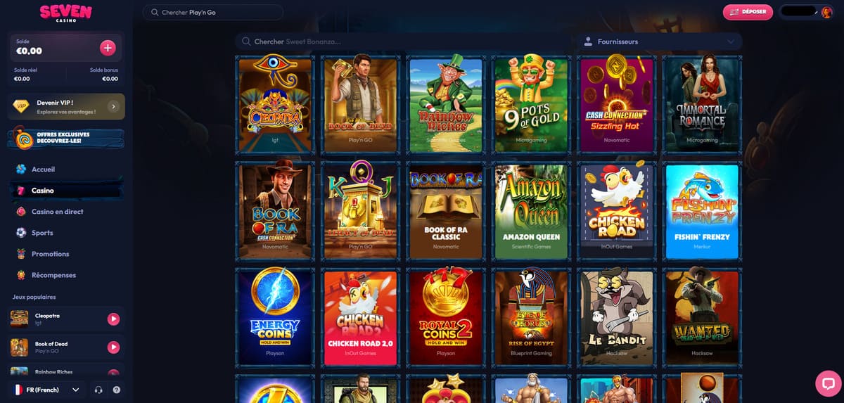 Vue de la ludothèque de Seven Casino avec ses catégories de machines à sous et jeux en direct