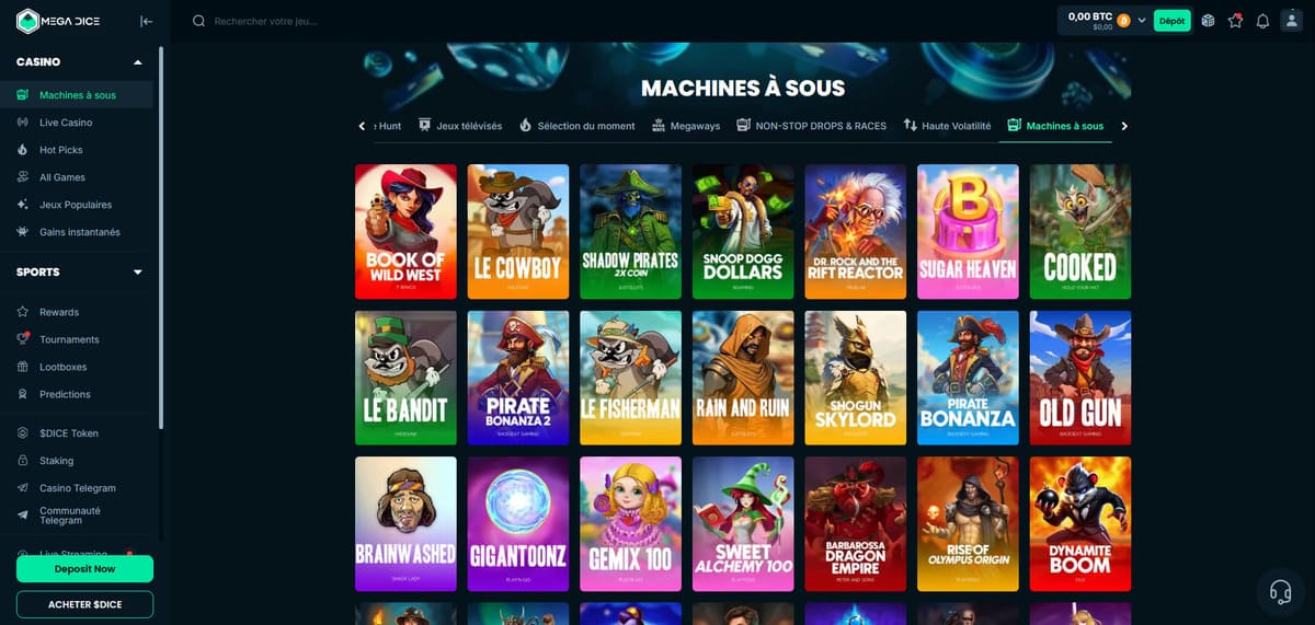 Lobby des machines à sous de Mega Dice avec plusieurs vignettes de jeux Pragmatic Play et Nolimit City
