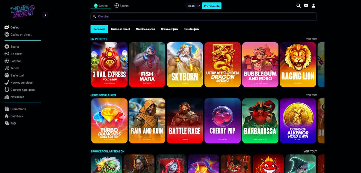 Lobby de machines à sous de Turbo Wins avec la grille de jeux et les vignettes des studios partenaires