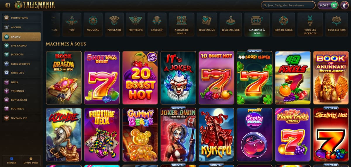 Interface lobby machines à sous de Talismania avec filtres par fournisseur et catégorie visibles