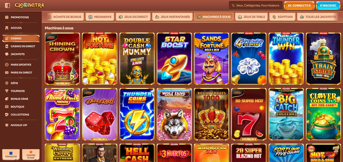 Interface du lobby machines à sous de Cleobetra avec la sélection de jeux à thème égyptien