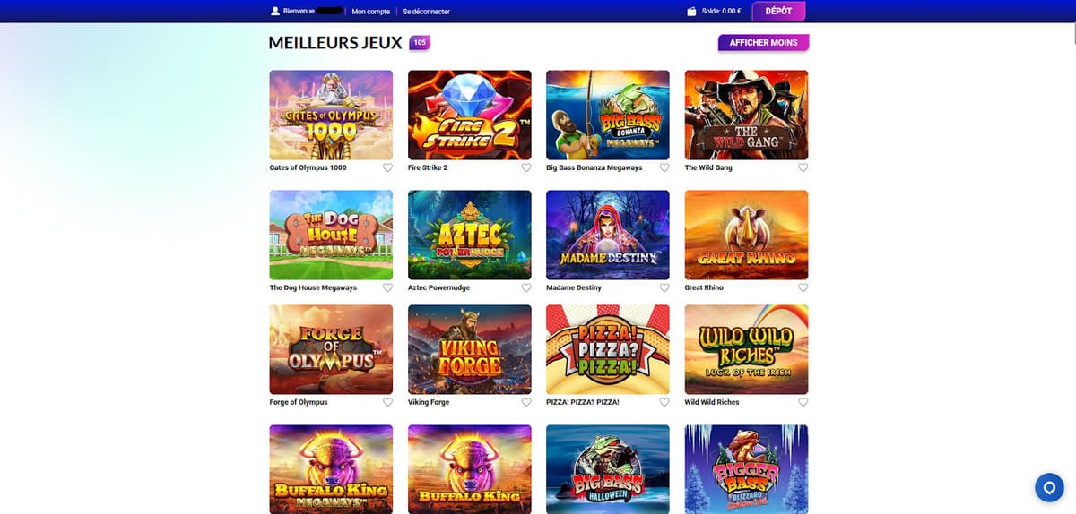 Lobby des machines à sous d'Europe Fortune avec une sélection de slots Pragmatic Play et Play'n GO