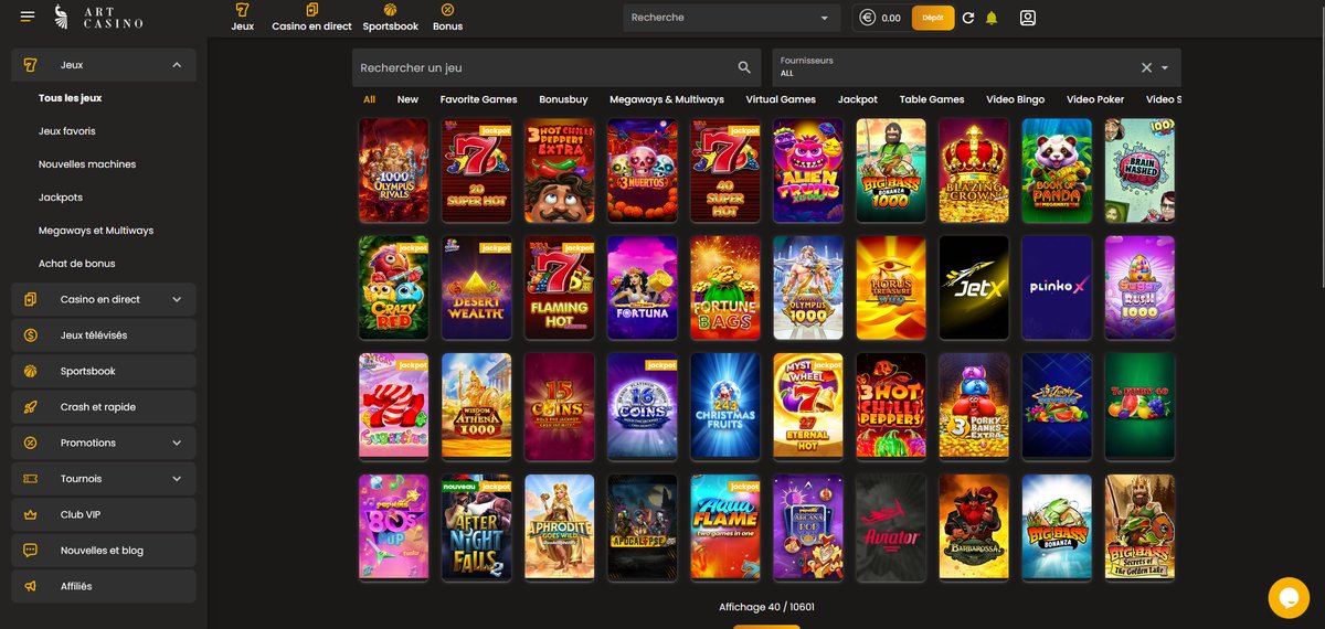 Interface du lobby de machines à sous d'Art Casino avec la sélection de jeux et filtres par fournisseur