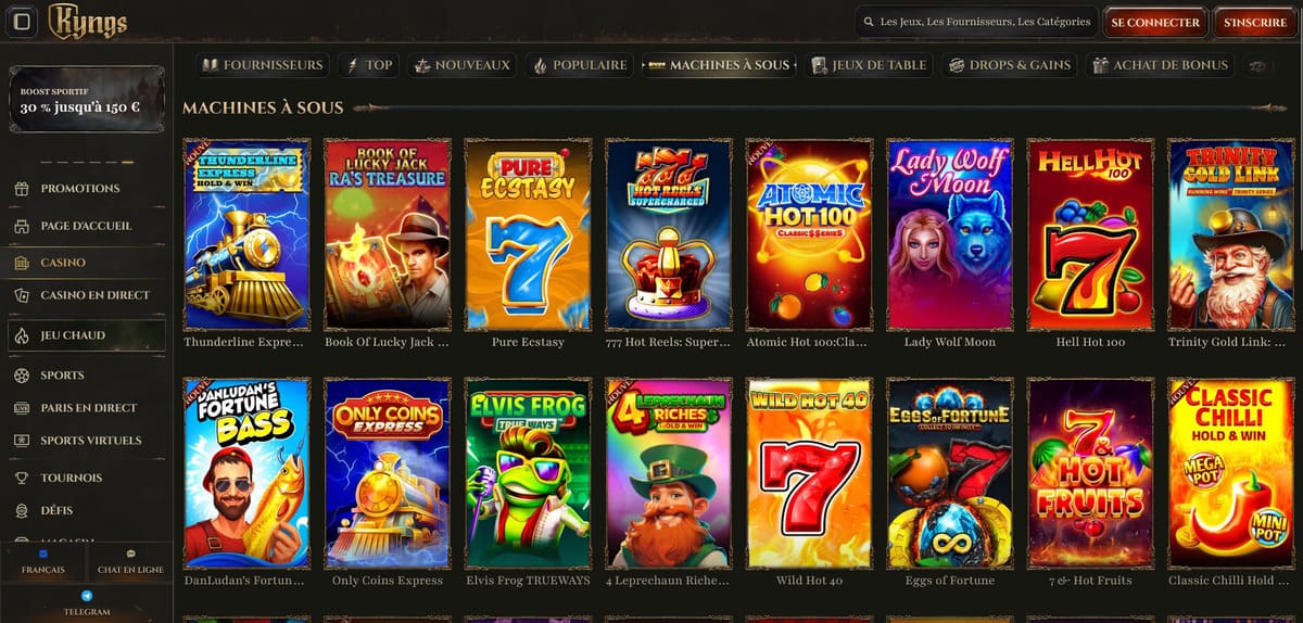 Lobby des machines à sous de Kyngs avec le catalogue de près de 9000 jeux