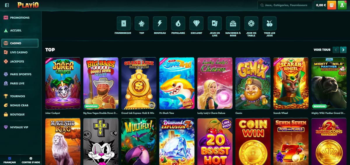 Lobby des machines à sous de Playio avec la grille de jeux populaires et les filtres fournisseurs