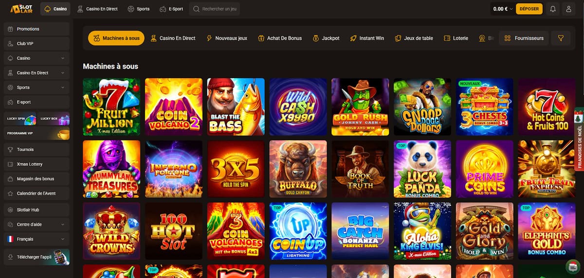 Lobby des machines à sous de SlotLair Casino avec les catégories de jeux mises en avant