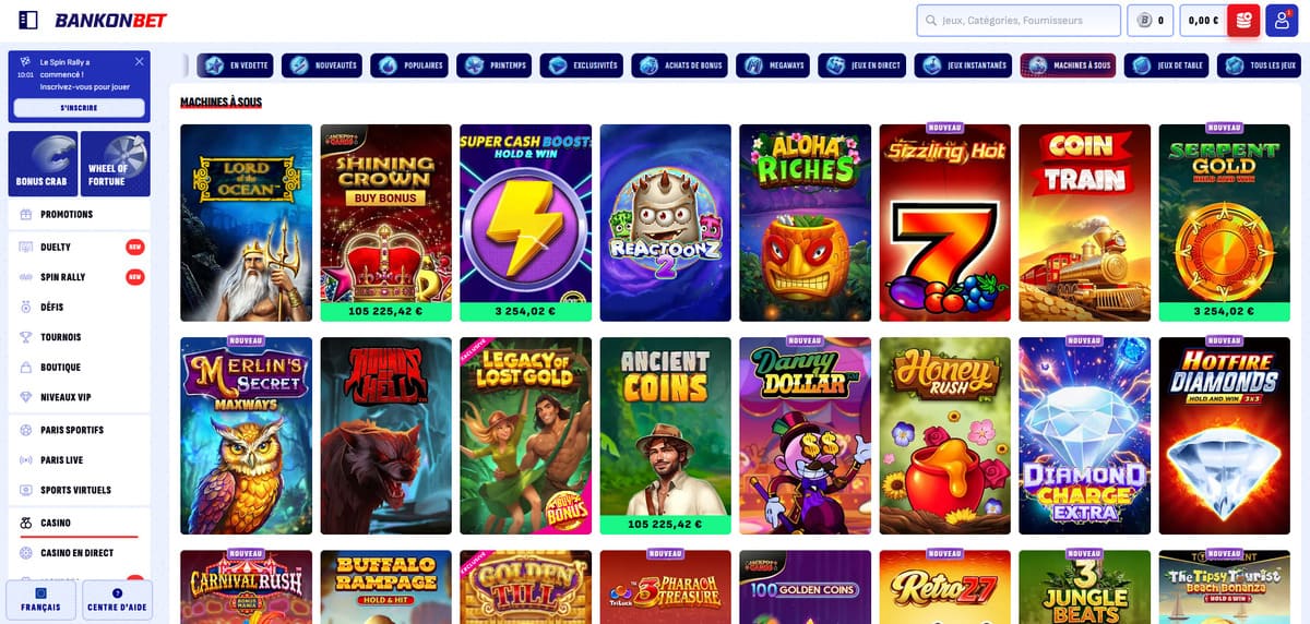 Lobby des machines à sous de Bankonbet avec la grille de vignettes des slots populaires