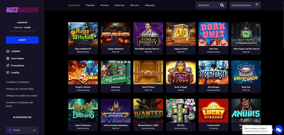 Lobby des machines à sous de Rizz casino avec les jeux tendances mis en avant