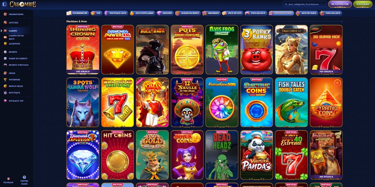 Lobby des machines à sous de Casombie avec la sélection de slots à thème zombie