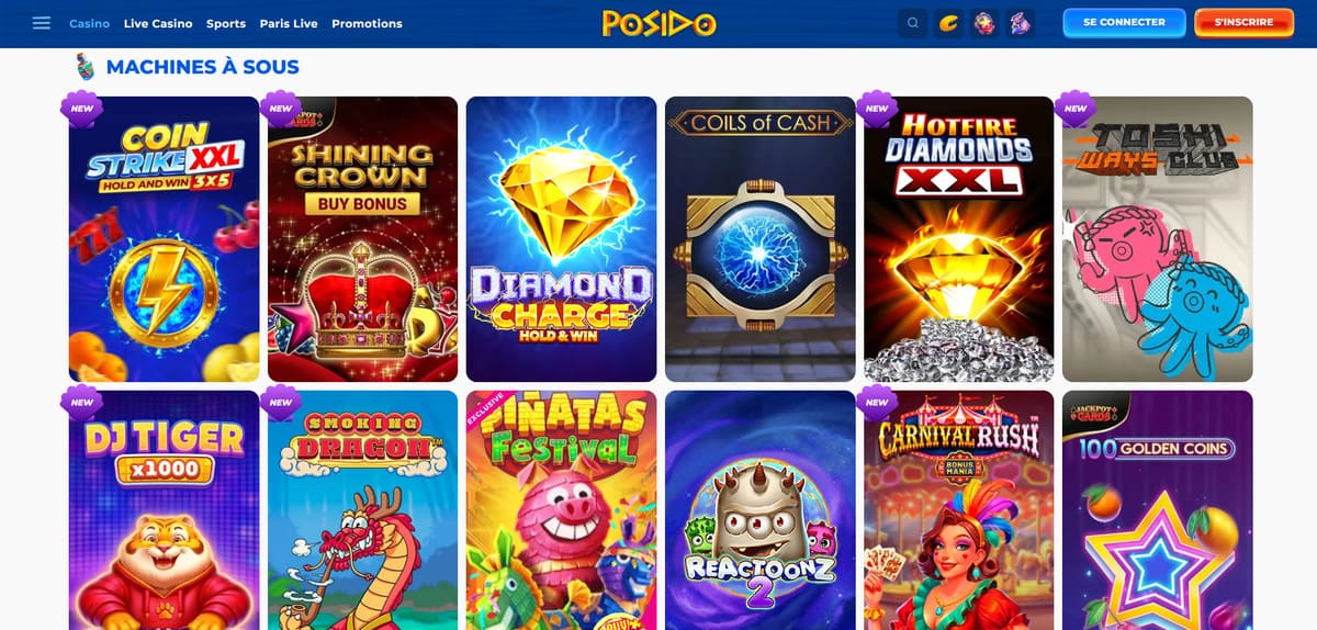 Catalogue de machines à sous de Posido Casino avec les vignettes des titres Hacksaw et Nolimit City