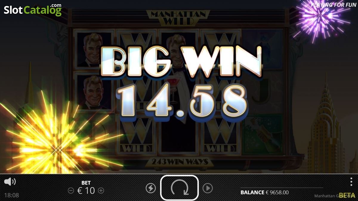 Gain Big Win affiché sur Manhattan Goes Wild pendant un respin avec wilds empilés sur les rouleaux