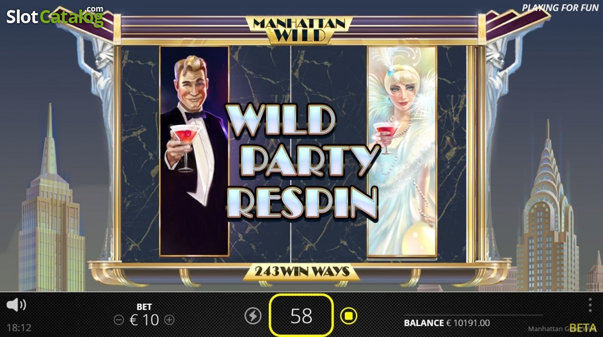 Écran Wild Party Respin de Manhattan Goes Wild avec Bugsy et Betty transformés en wilds empilés