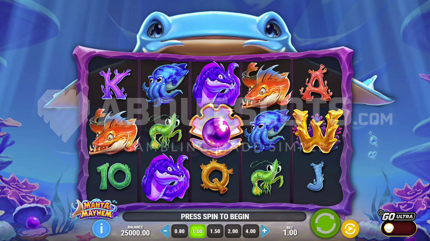 Grille 5x3 de Manta Mayhem en jeu de base avec les perles collectées sous les rouleaux