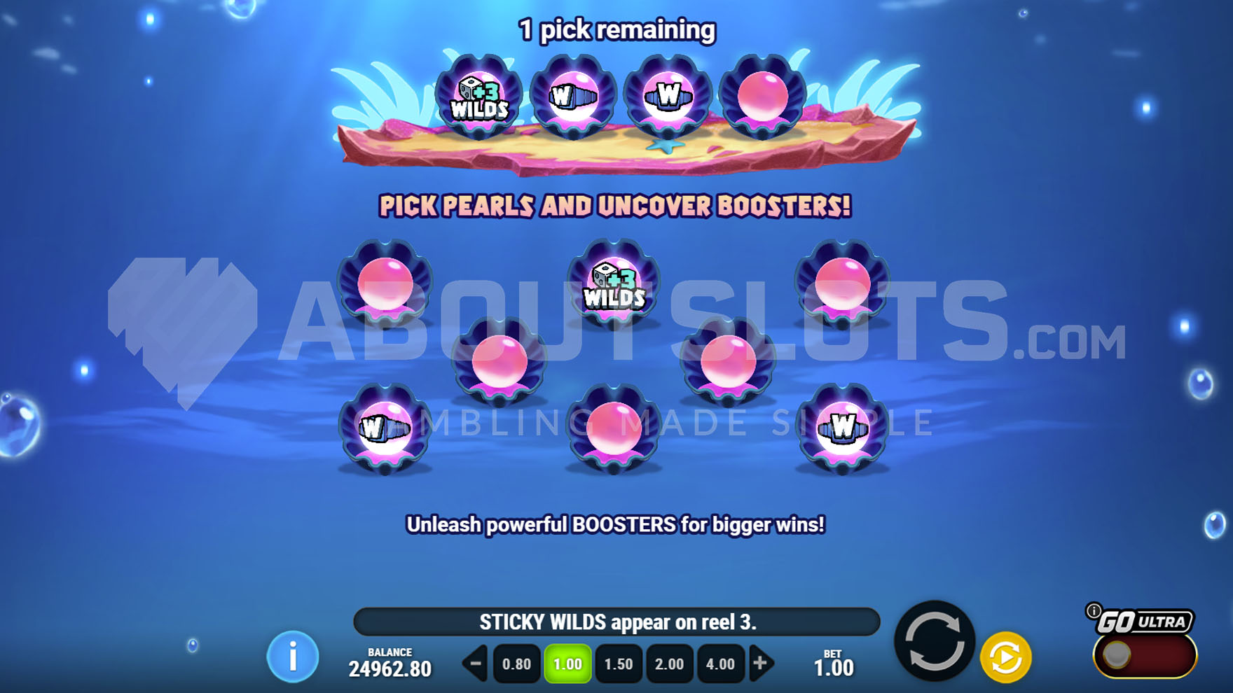 Menu de sélection des Boosters de Manta Mayhem avant le lancement des Free Spins
