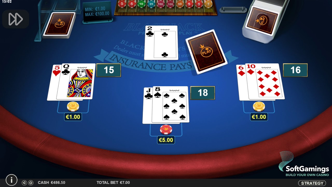 Trois mains actives sur Multihand Blackjack avec mises de 1, 5 et 1 euro face au croupier