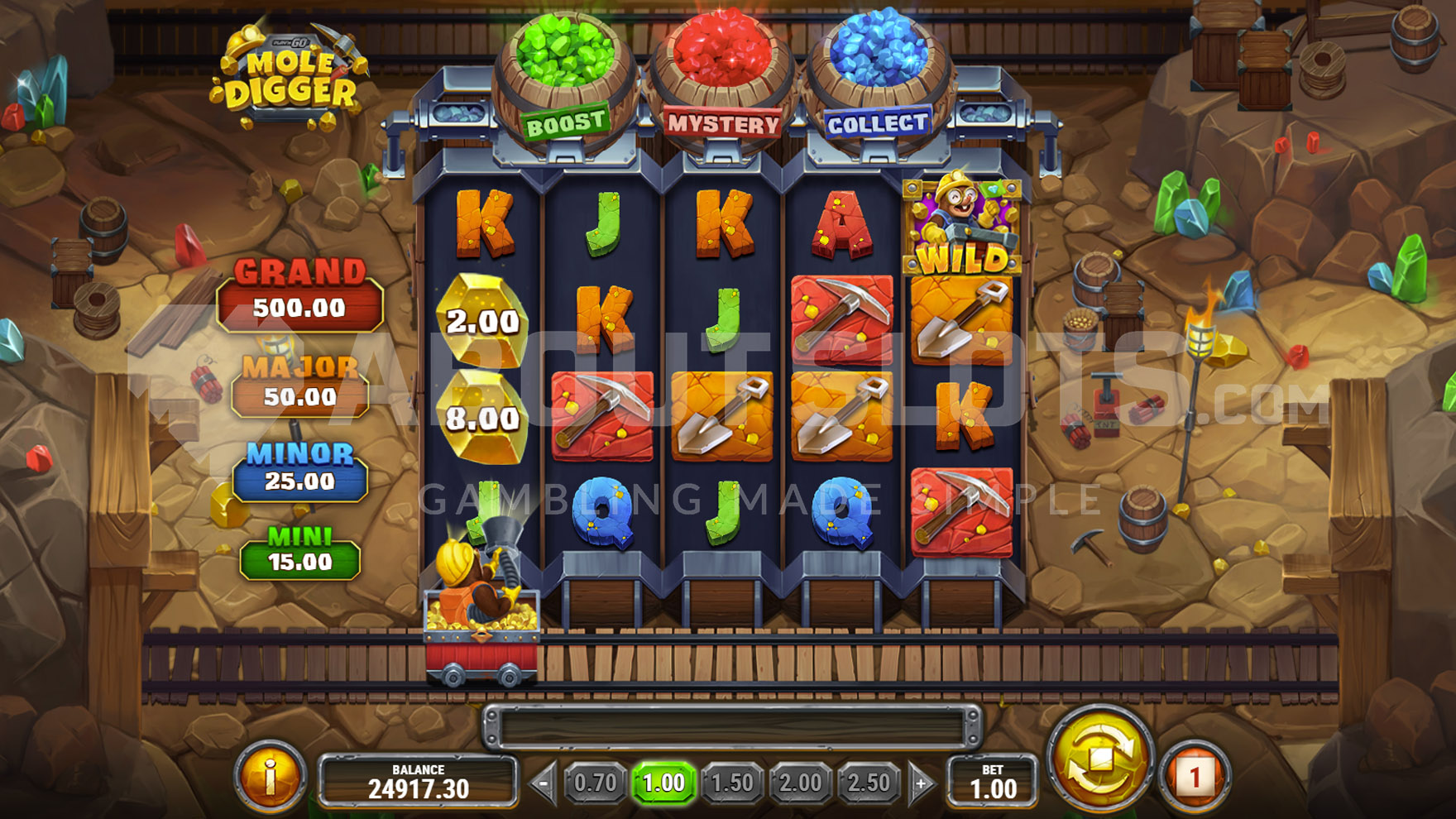 Mine Cart Feature de Mole Digger affichant un chariot doré avec un gain instantané