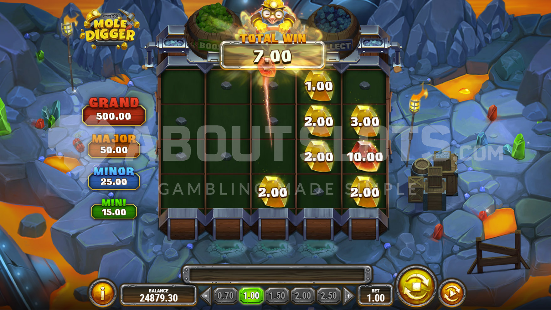 Écran du Hold’n Win de Mole Digger avec les pots Boost, Mystery et Collect remplis