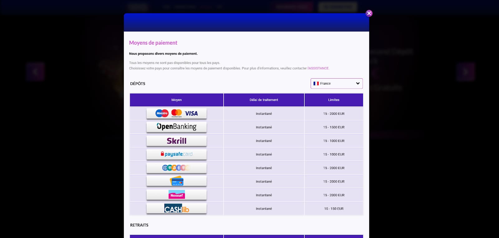 Écran des moyens de paiement d'Europe Fortune avec cartes bancaires, e-wallets et cryptomonnaies