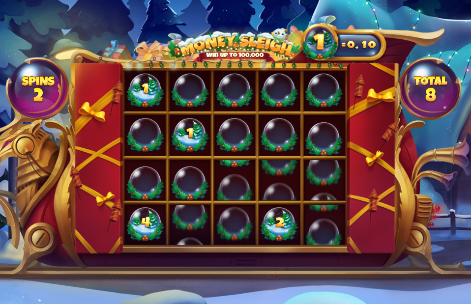 Mode Respins de Money Sleigh avec 2 tours restants et 8 symboles verrouillés sur la grille