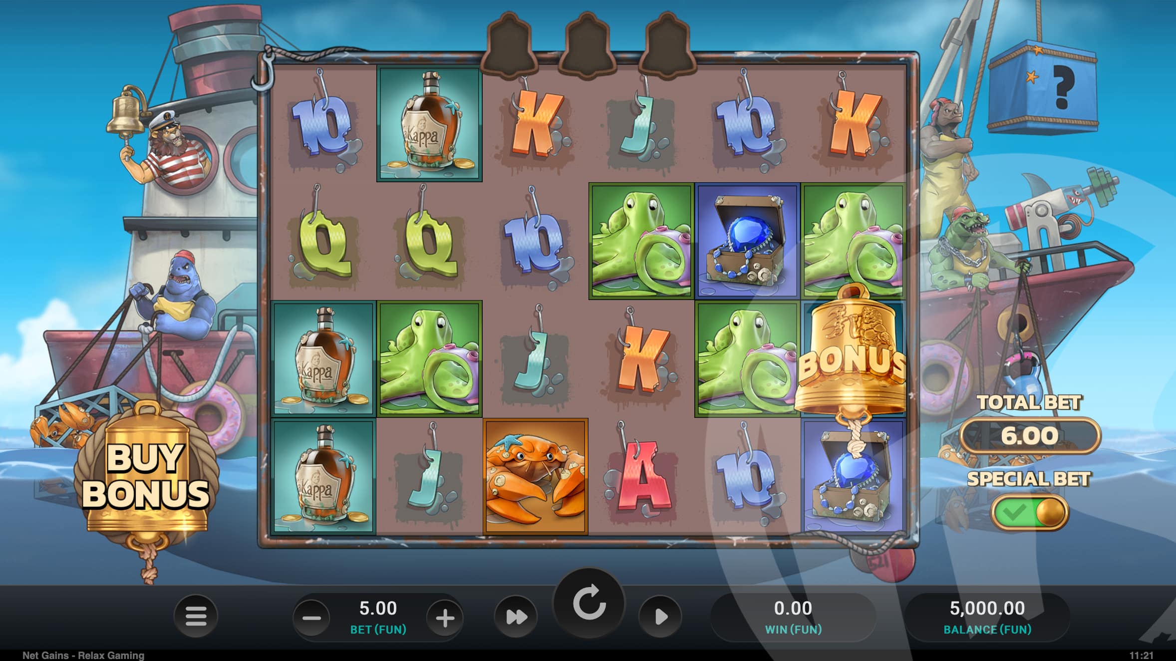 Grille 6x4 de Net Gains en jeu de base avec bouton Buy Bonus et cloche bonus visibles