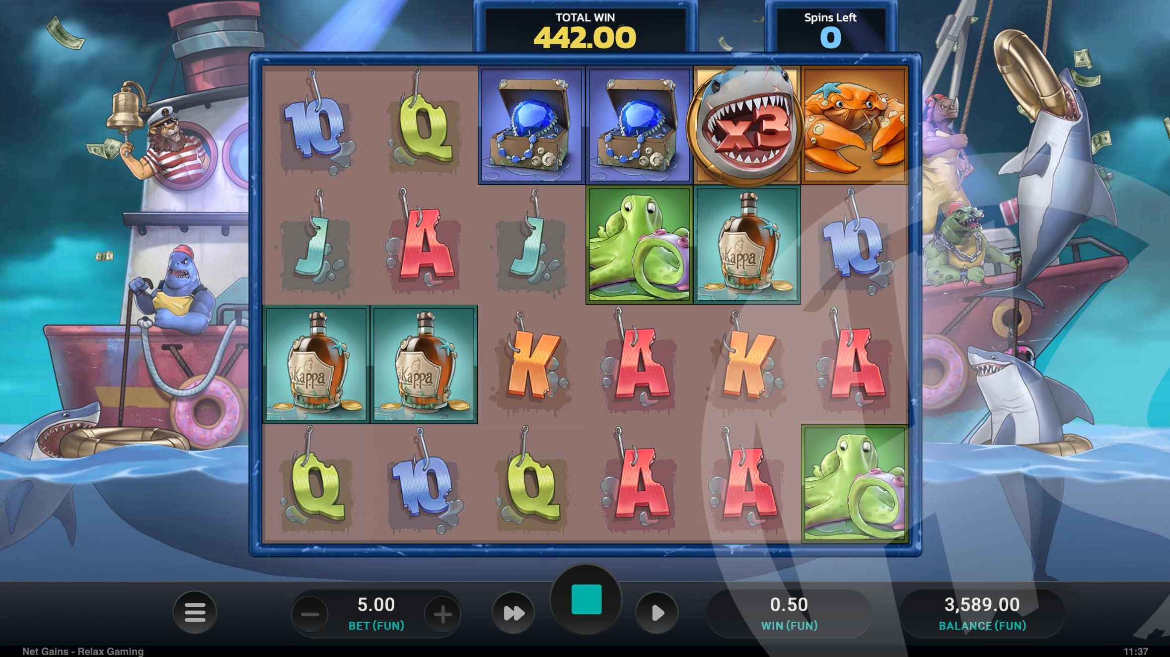Free spins Stacked Wilds de Net Gains avec un requin multiplicateur x3 empilé sur la grille