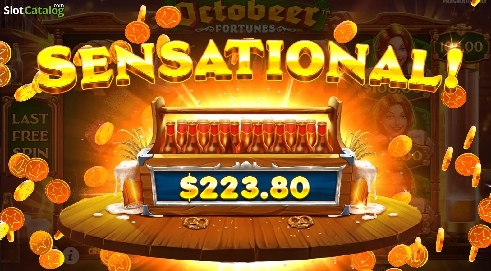 Gros gain sur Octobeer Fortunes affiché après la collecte finale de la Beer Tower en free spins