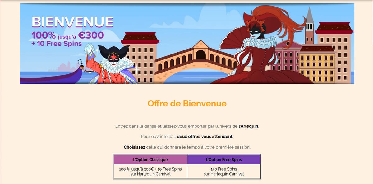 Page de l'offre de bienvenue d'Arlequin Casino affichant le bonus 100% sans conditions de mise