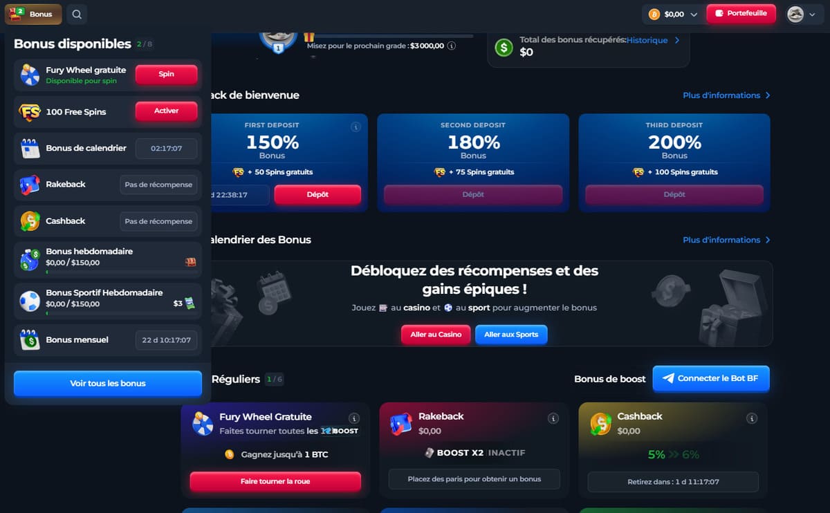 Page des bonus et promotions de Betfury avec le pack de bienvenue affiché
