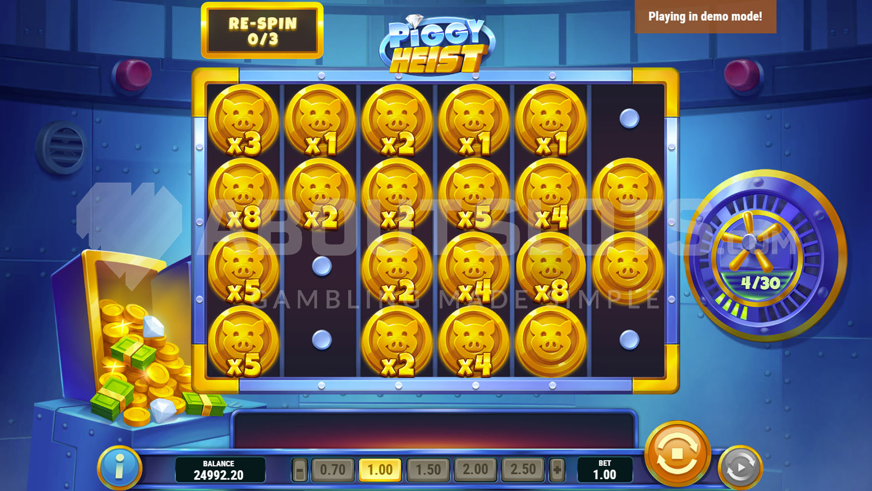 Bonus Hold'n Spin de Piggy Heist avec plusieurs pièces et multiplicateurs affichés sur la grille
