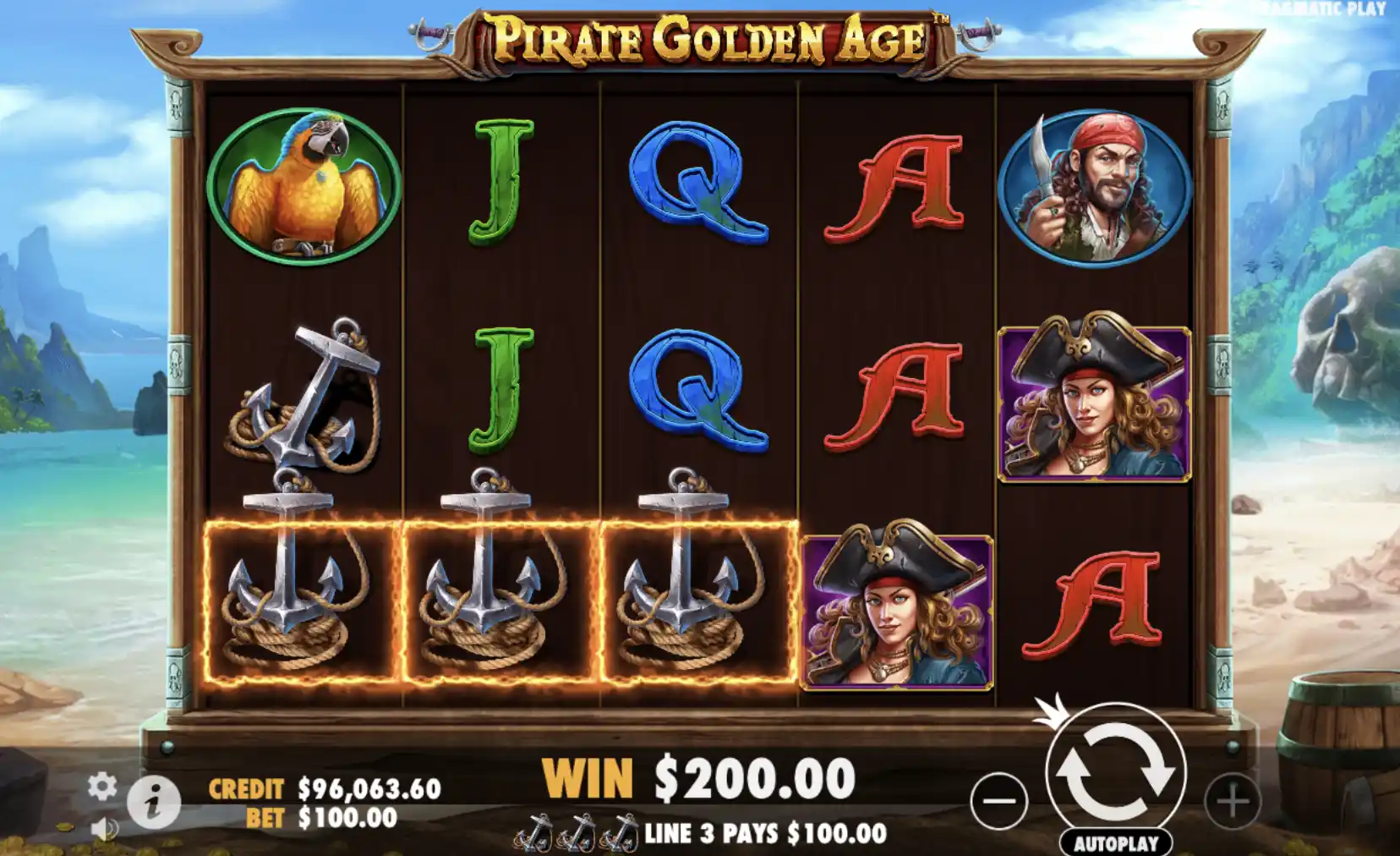 Écran de gain sur Pirate Golden Age avec le multiplicateur de pièces mystères activé en tours gratuits