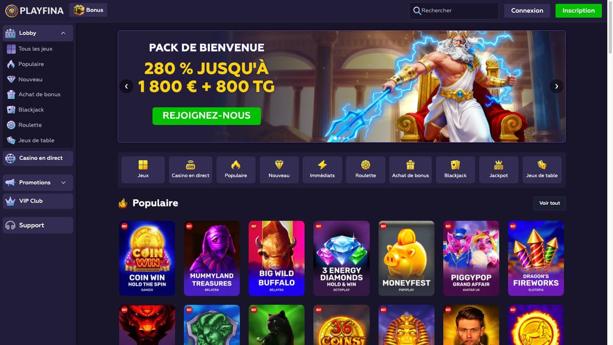 Interface du lobby de PlayFina avec la sélection de machines à sous et bannières promotionnelles