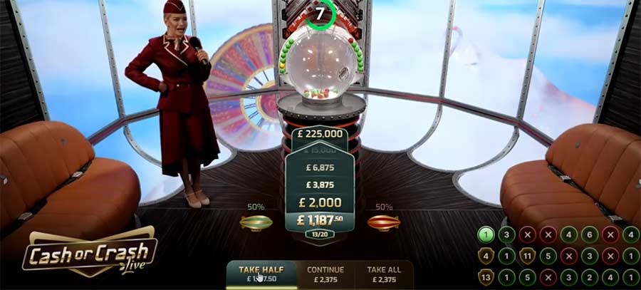 Écran de décision de Cash or Crash avec les boutons Take Half, Continue et Take All
