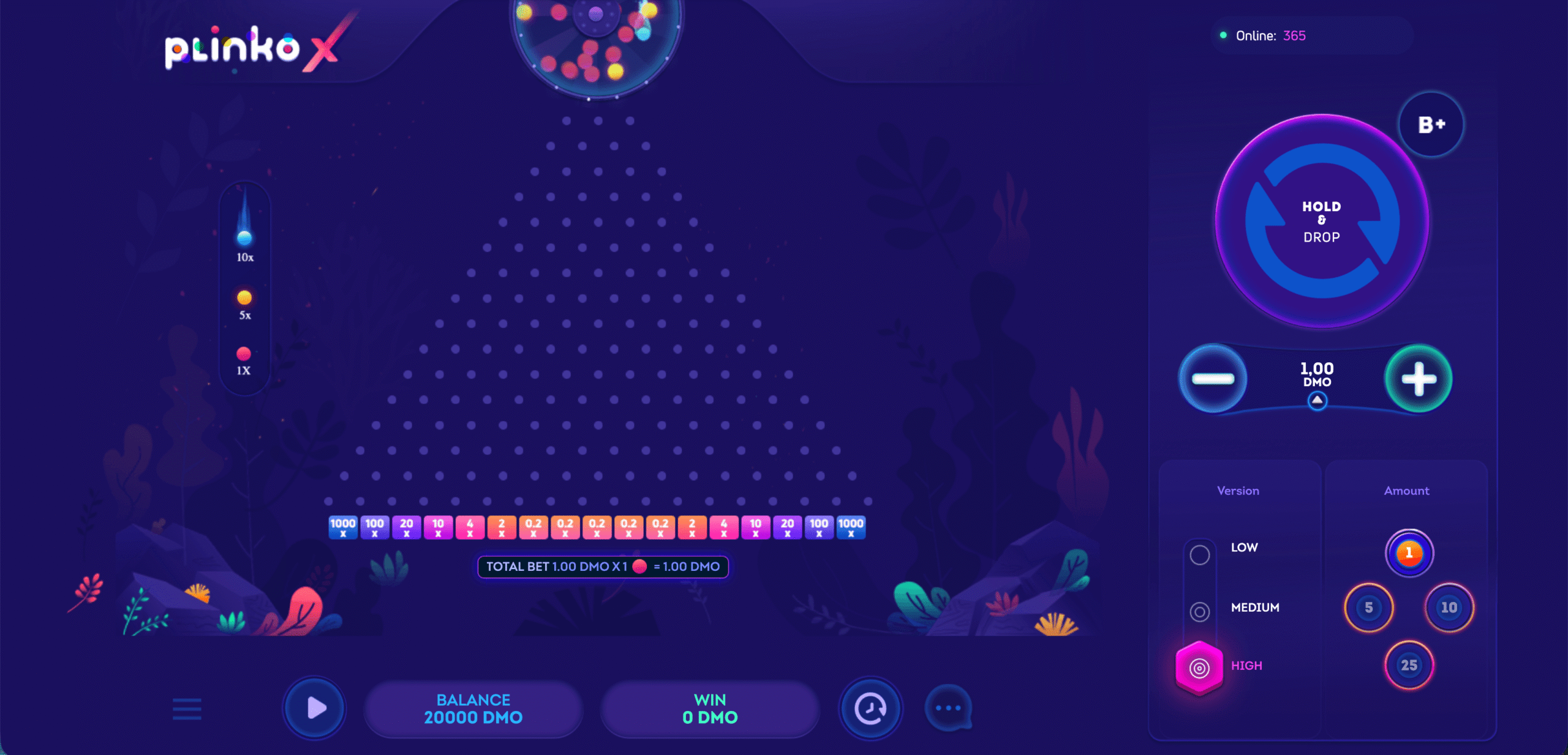 Interface de jeu PlinkoX avec le plateau de 17 picots et les cases de multiplicateurs en bas d'écran