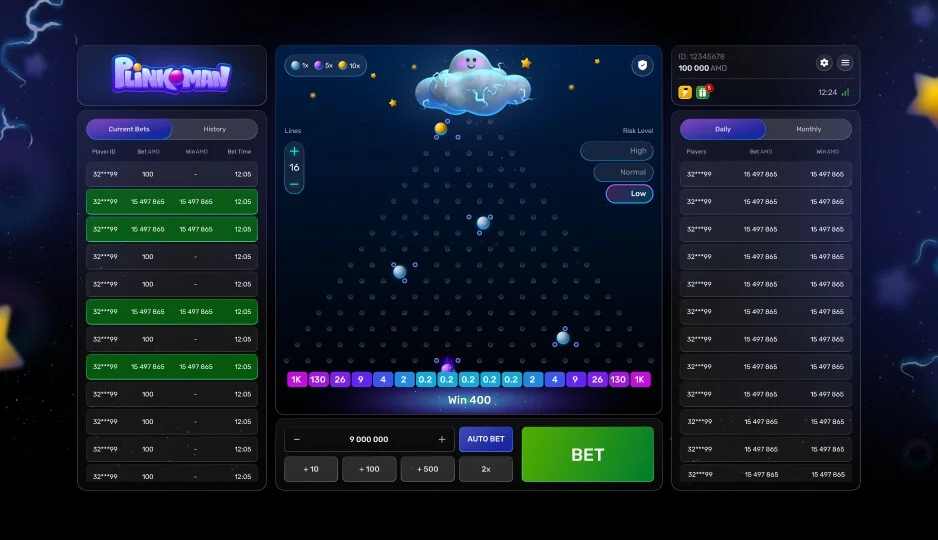 Plateau Plinko Galaxsys réglé sur 12 lignes avec la bille en pleine chute entre les picots