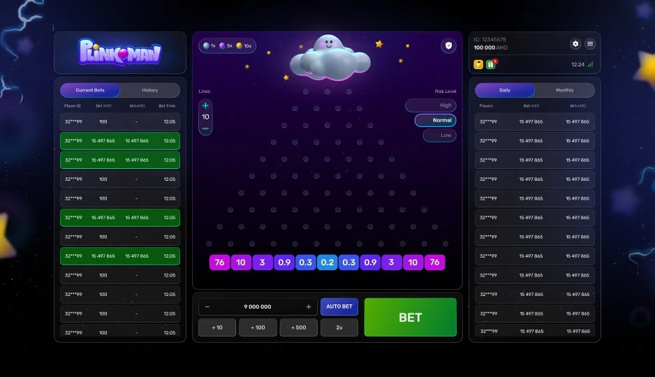 Plateau Plinko Galaxsys en configuration 16 lignes avec les cases multiplicateurs visibles en bas